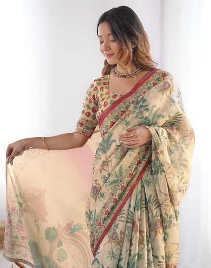 Beige Linen Printed Saree