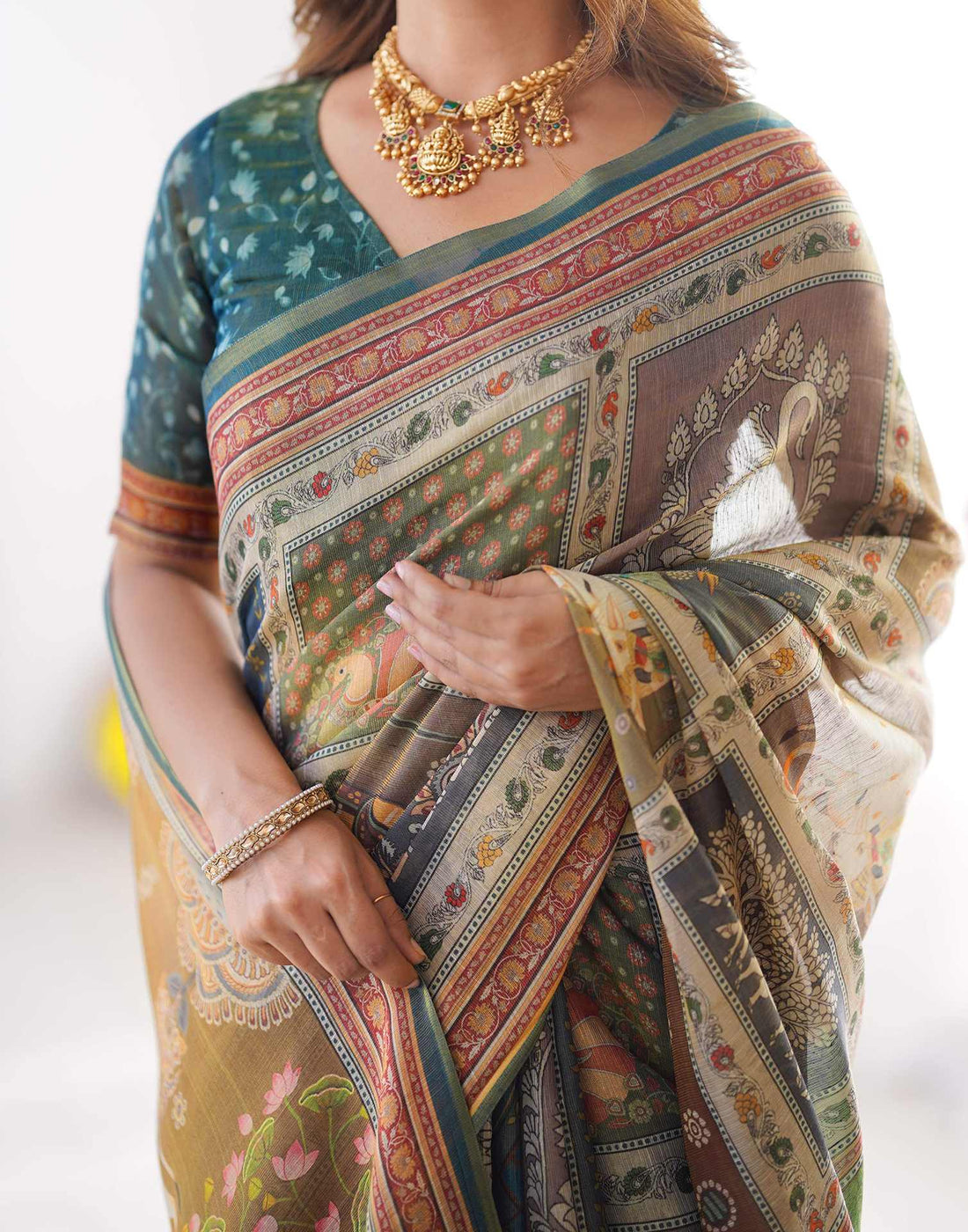 Mustard Yellow Linen Printed Saree