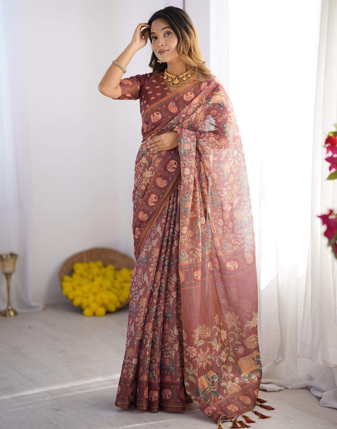 Dusty Wine Linen Floral Printed Saree