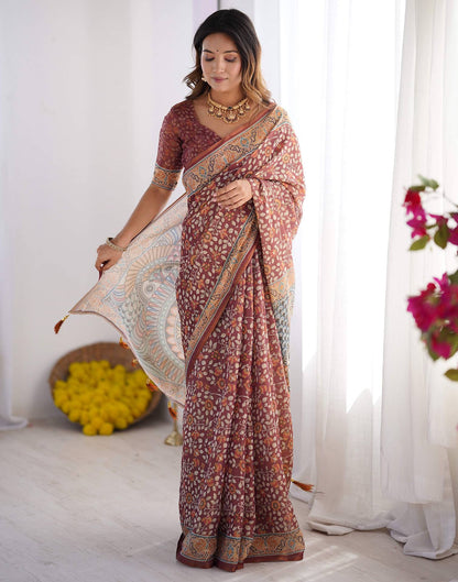 Dusty Wine Linen Kalamkari Saree