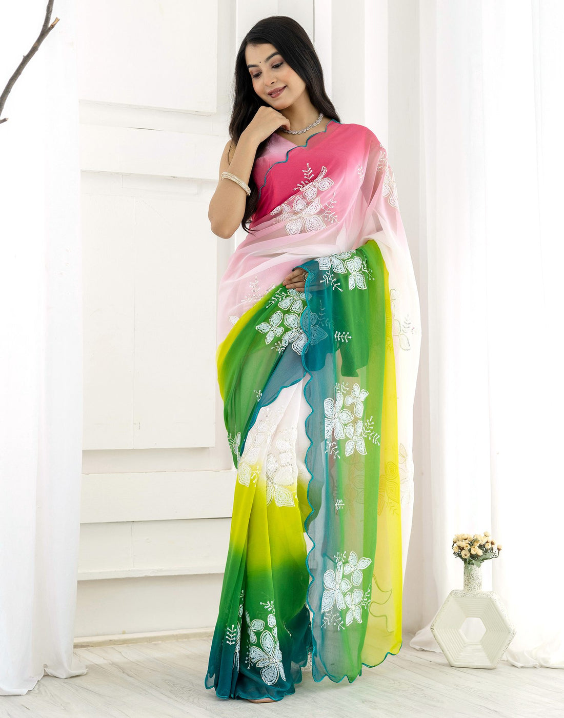 Pink Georgette Sequence Embroidery Saree