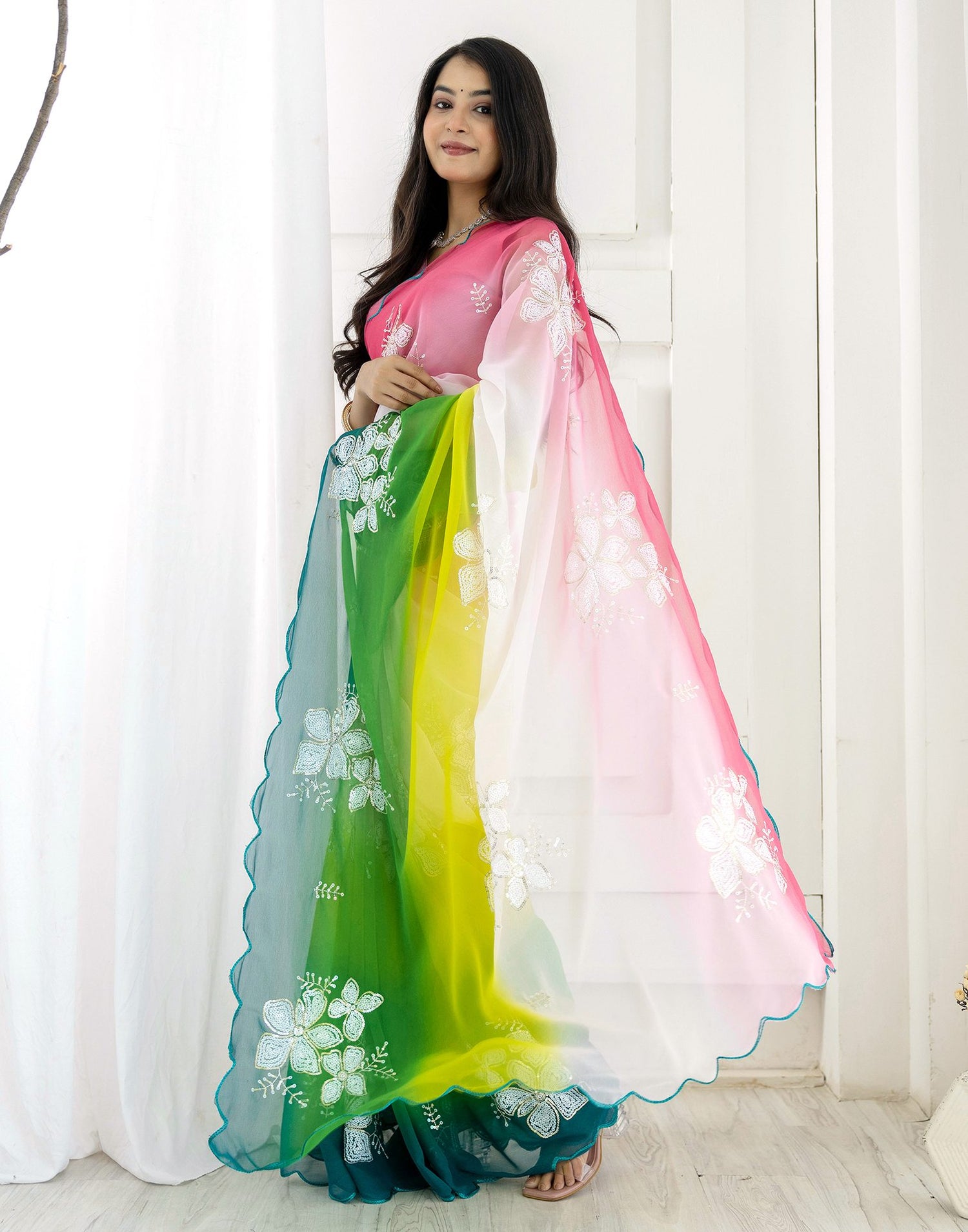 Pink Georgette Sequence Embroidery Saree