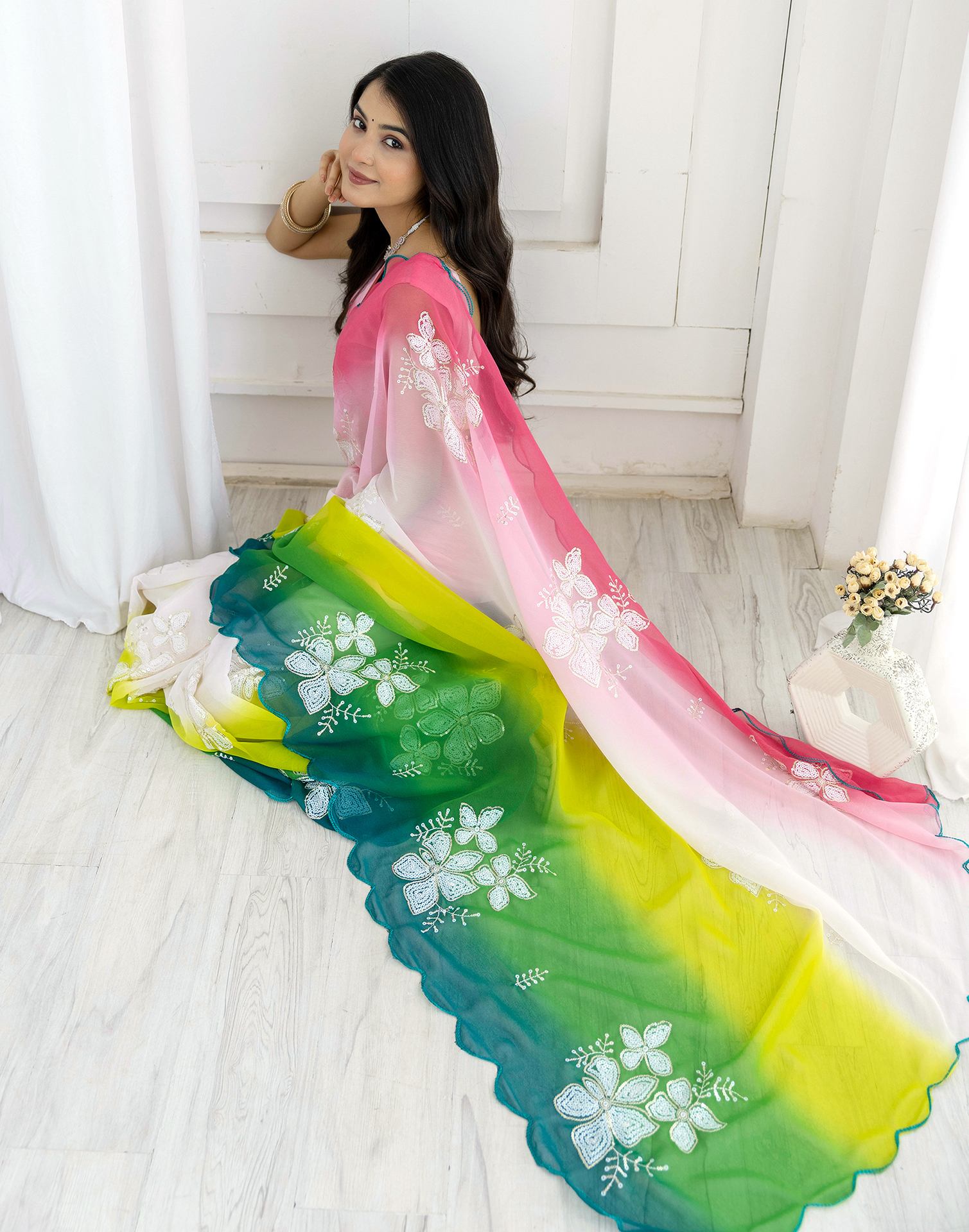Pink Georgette Sequence Embroidery Saree
