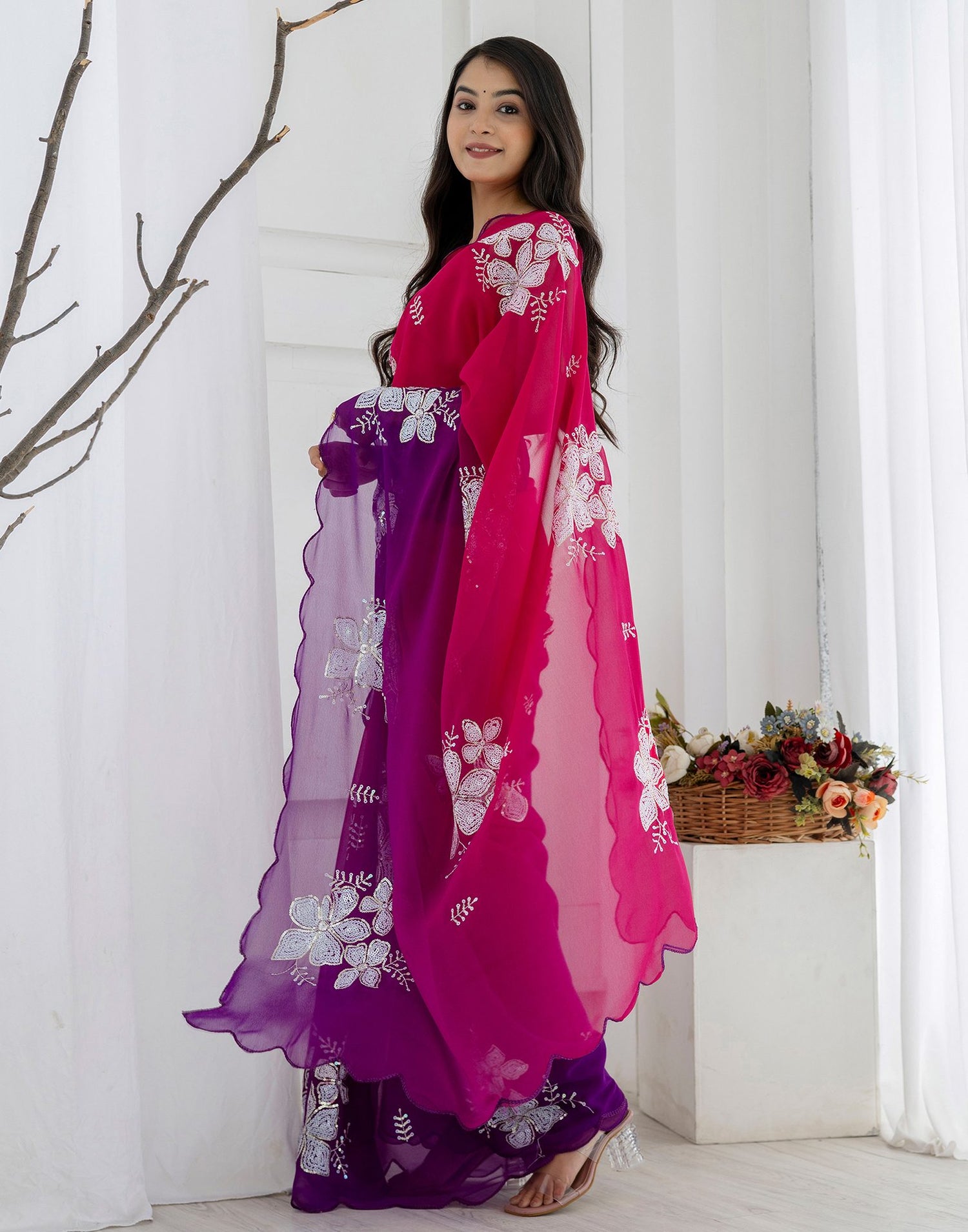 Rani Pink Georgette Sequence Embroidery Saree