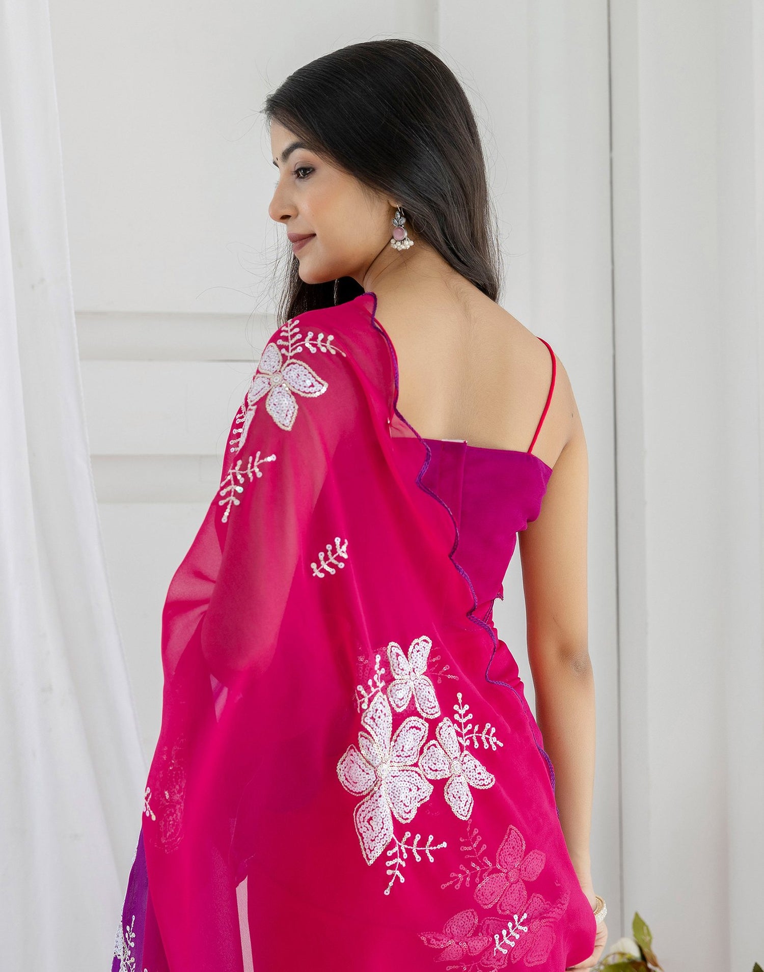 Rani Pink Georgette Sequence Embroidery Saree