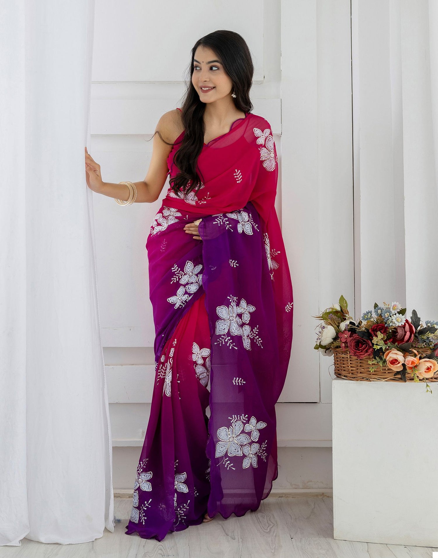 Rani Pink Georgette Sequence Embroidery Saree