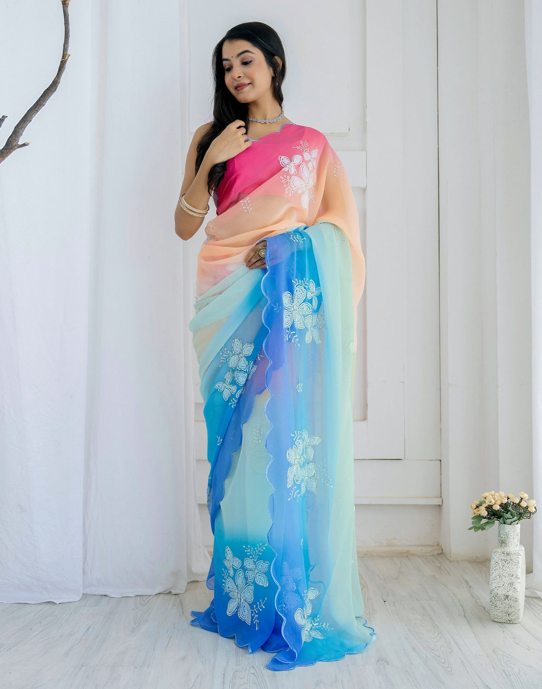 Multicoloured Georgette Sequence Embroidery Saree