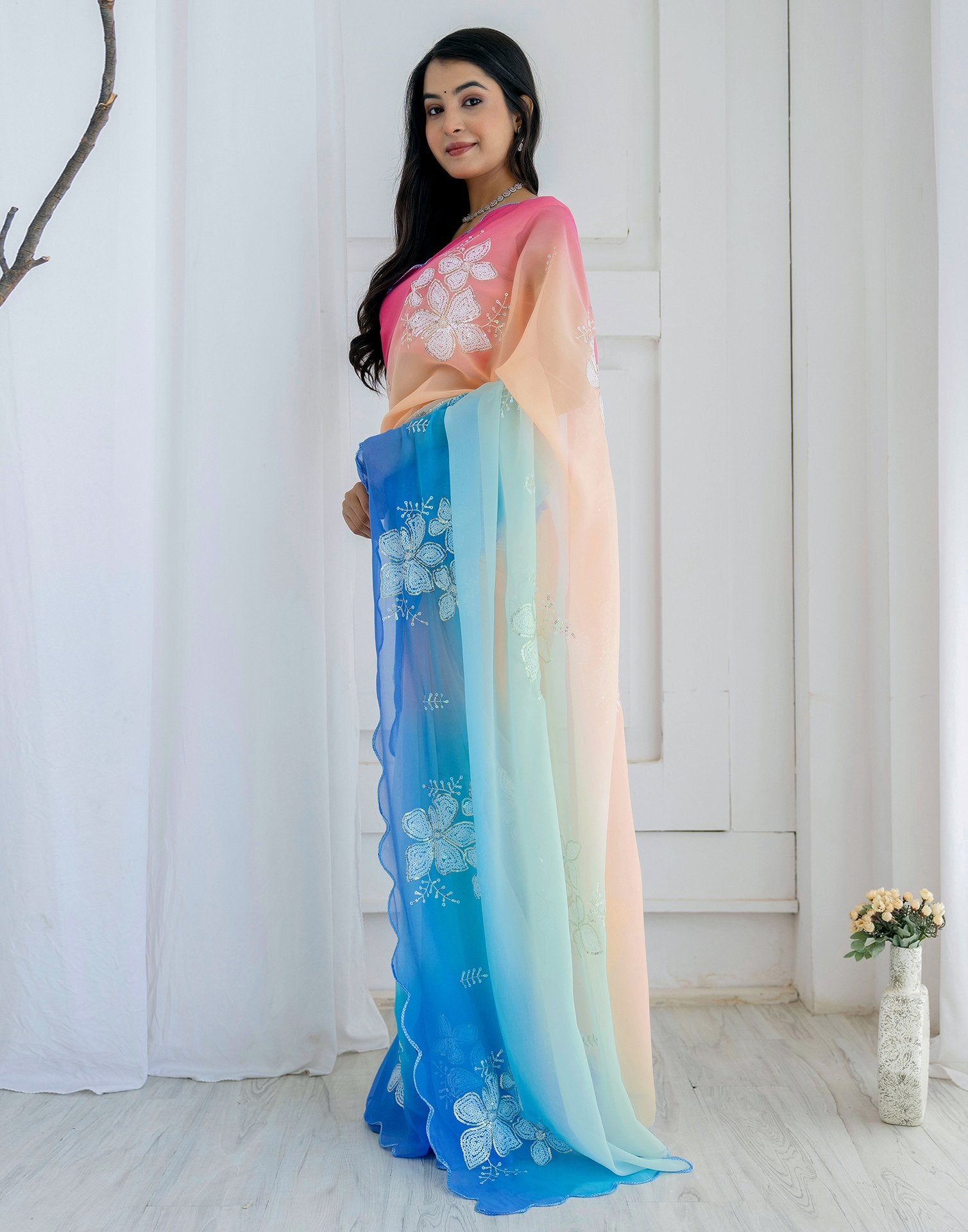 Multicoloured Georgette Sequence Embroidery Saree