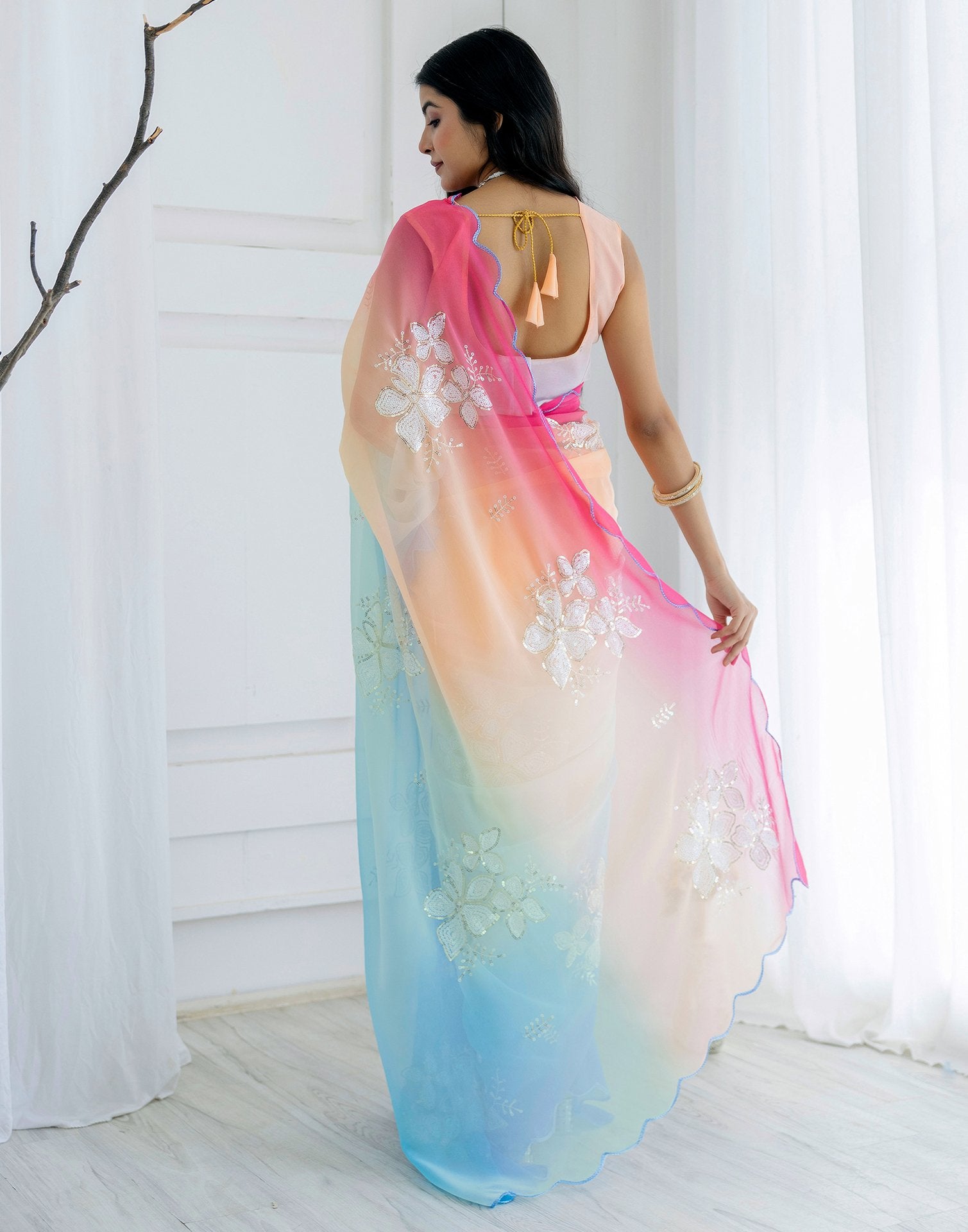 Multicoloured Georgette Sequence Embroidery Saree