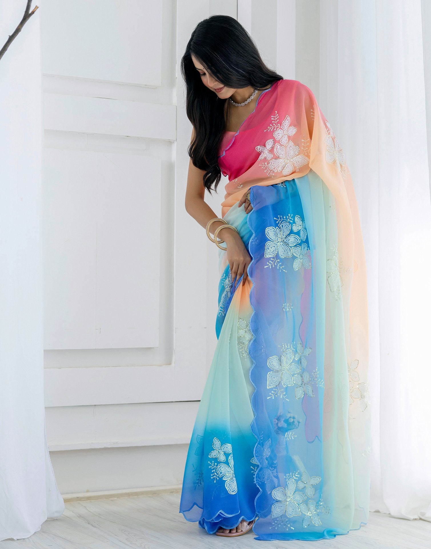 Multicoloured Georgette Sequence Embroidery Saree