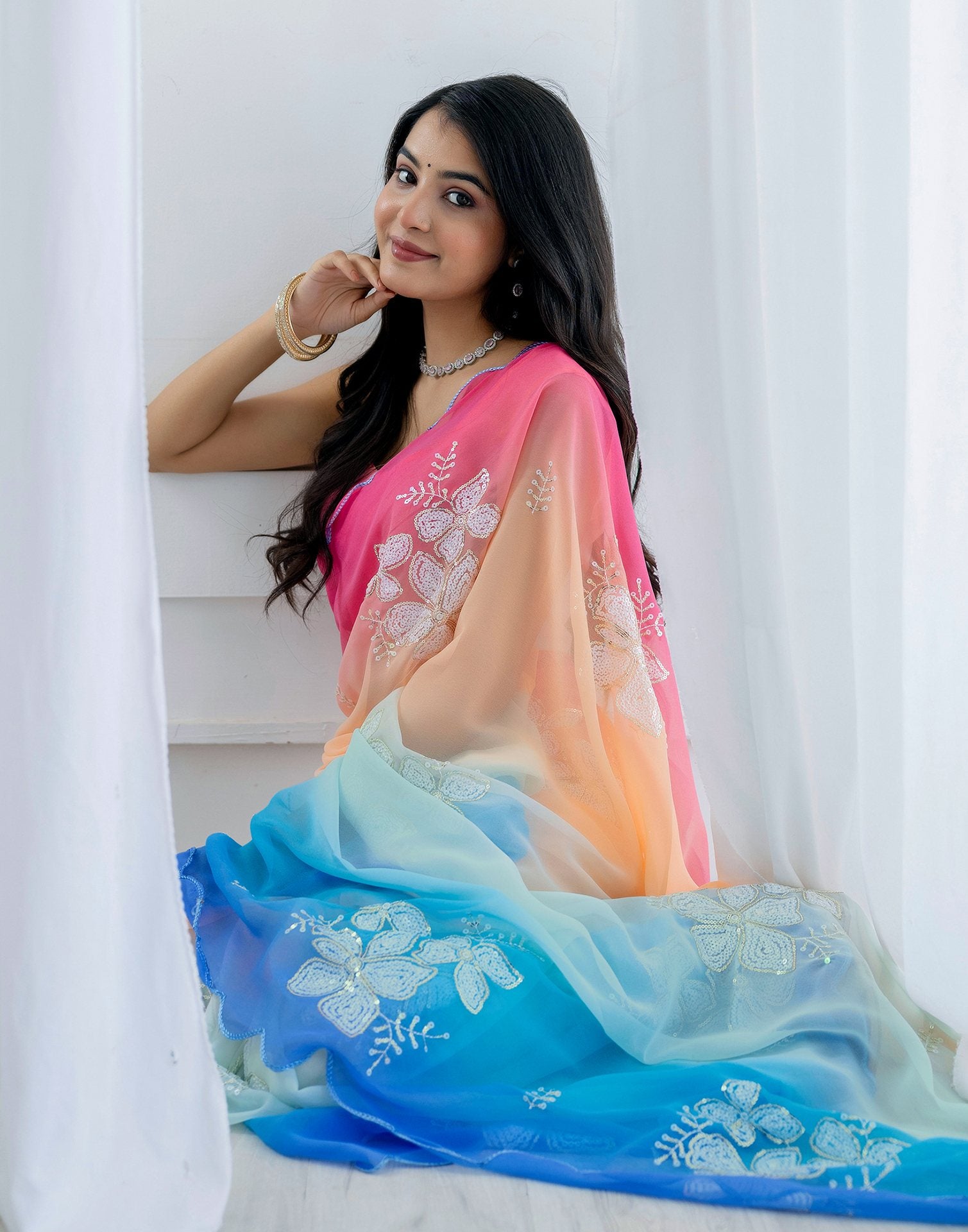 Multicoloured Georgette Sequence Embroidery Saree
