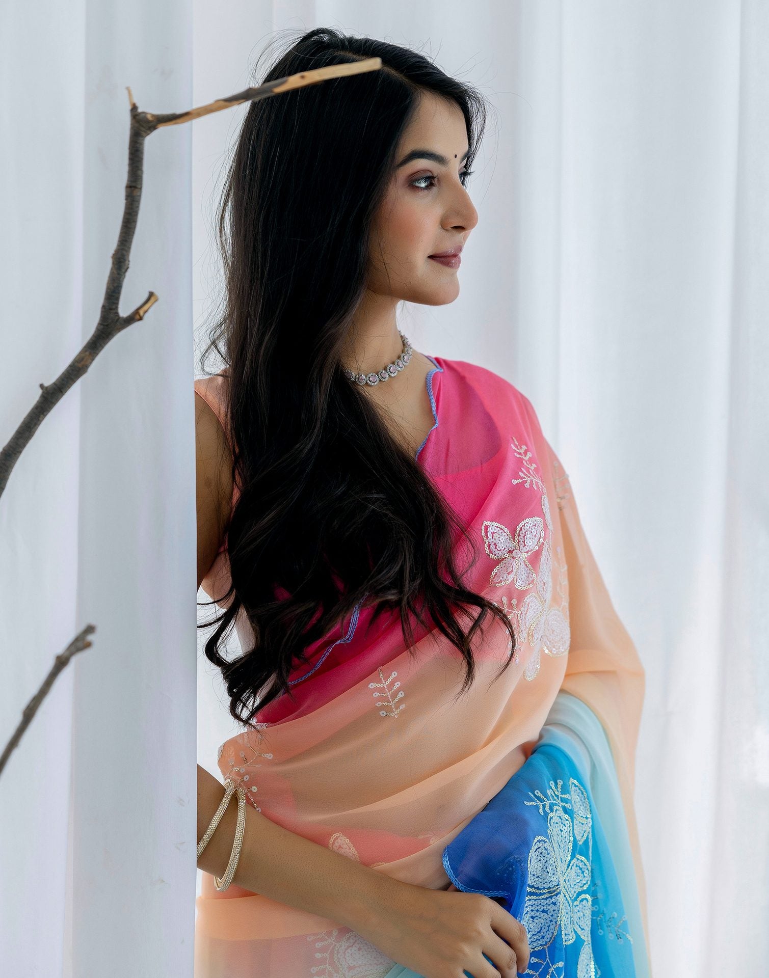 Multicoloured Georgette Sequence Embroidery Saree