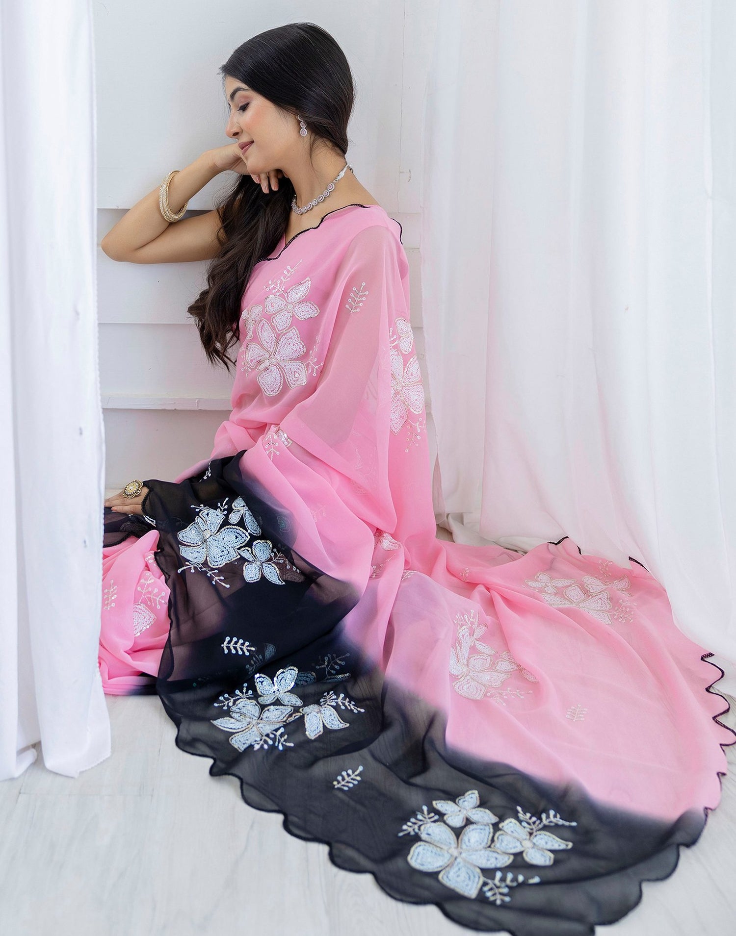Pink Georgette Sequence Embroidery Saree