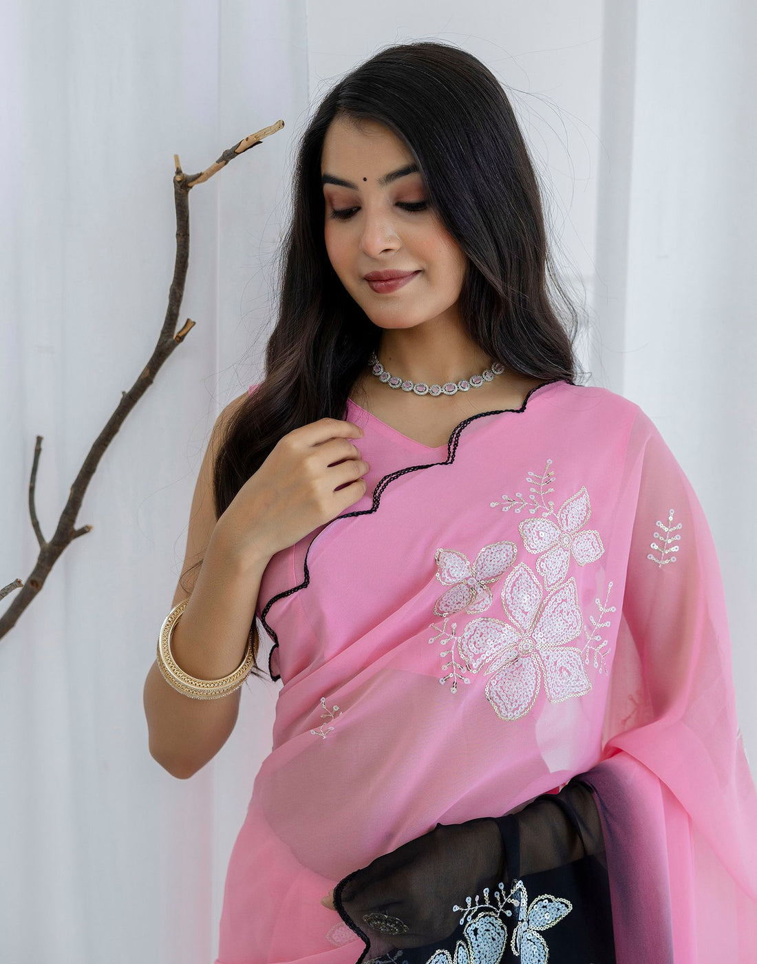 Pink Georgette Sequence Embroidery Saree