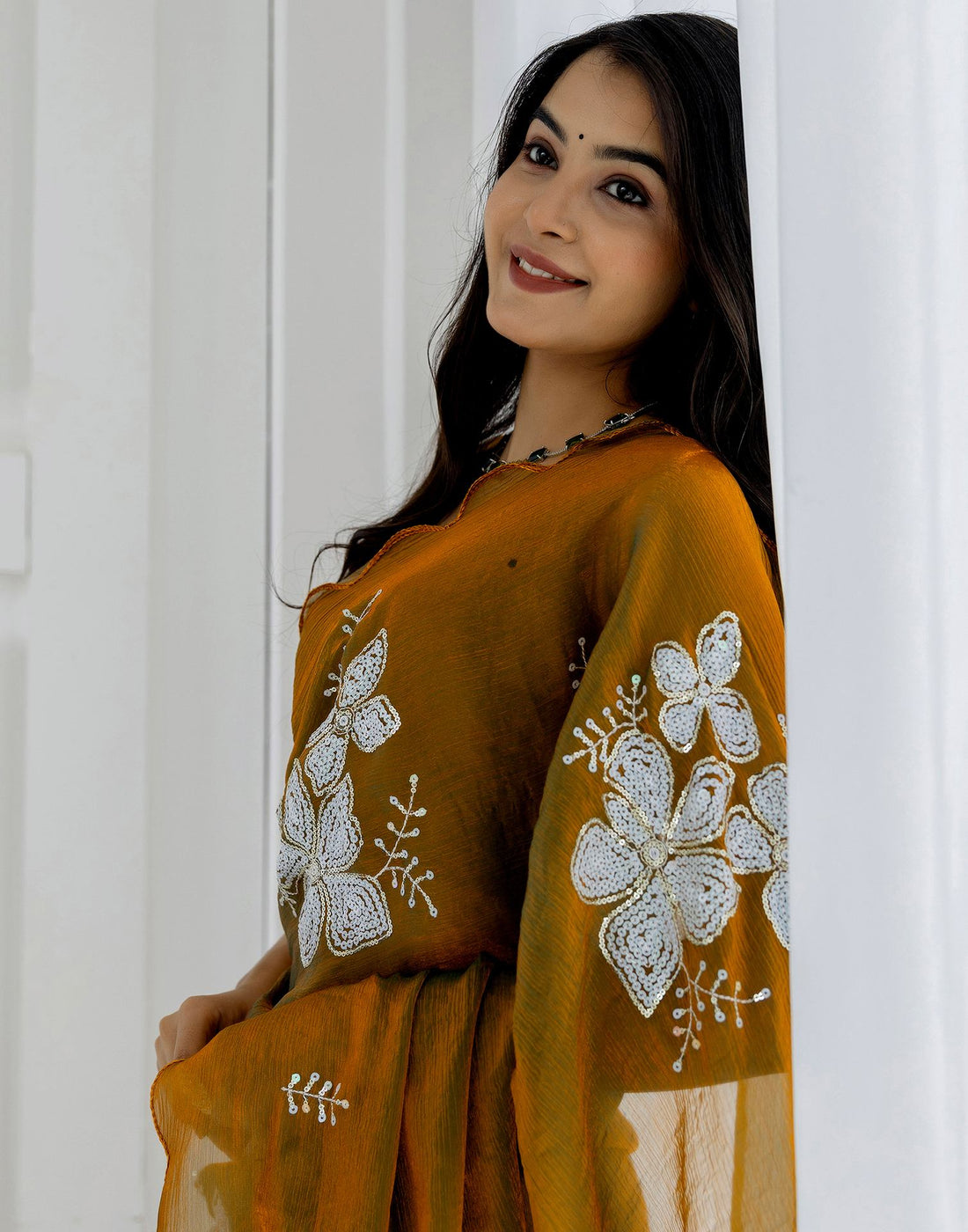 Golden Shimmer Sequence Embroidery Saree