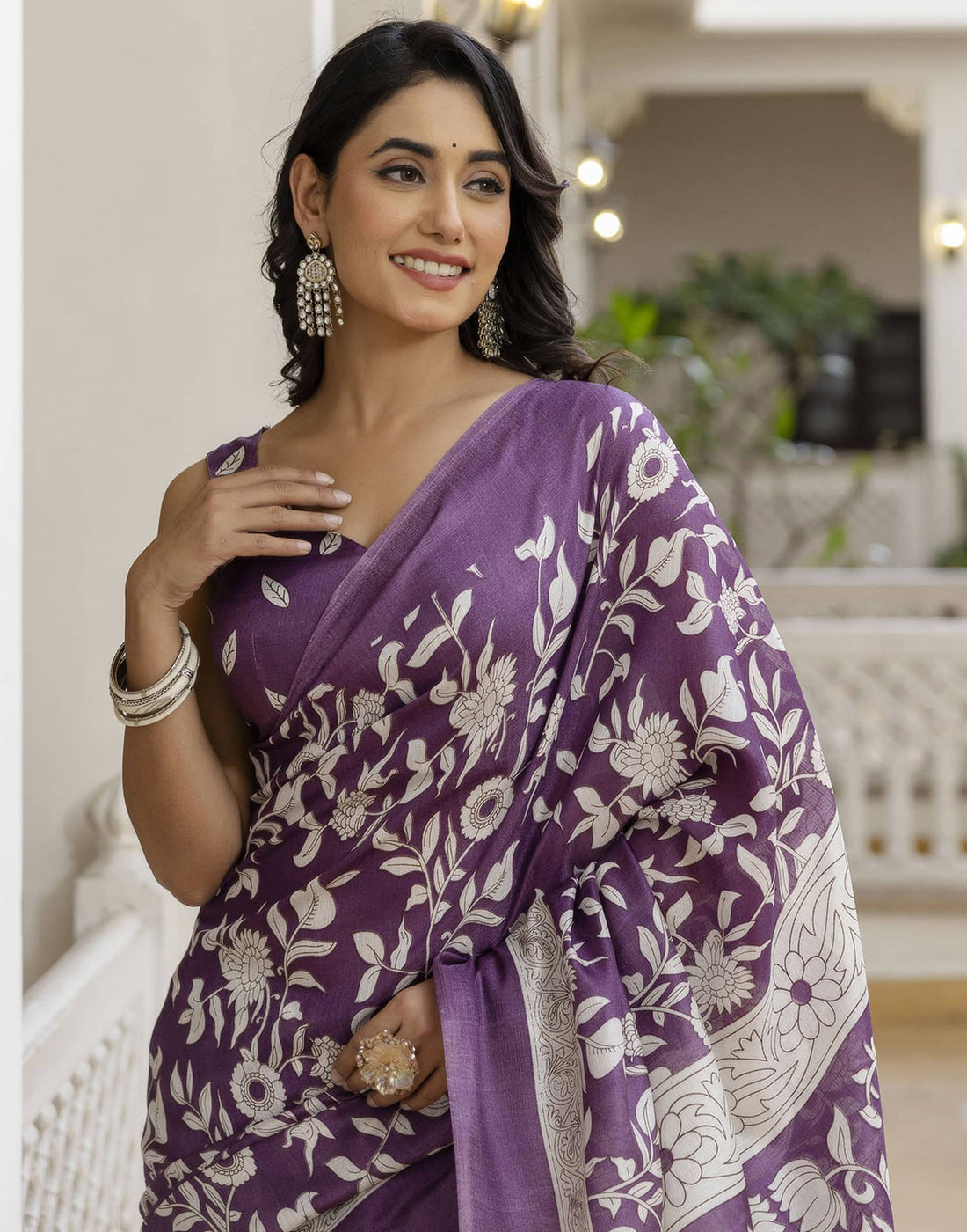 Mauve Cotton Blend Floral printed Saree