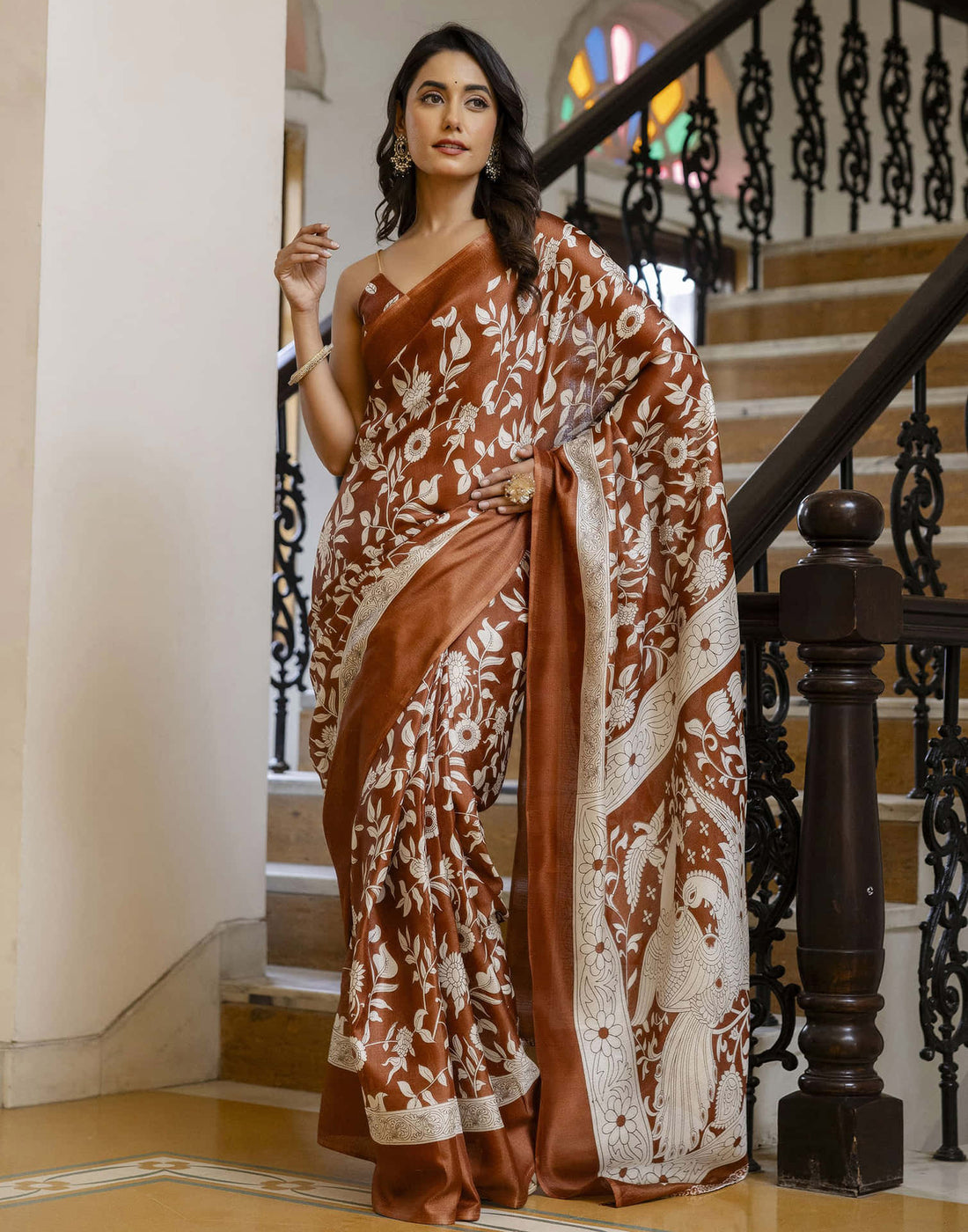 Rust Brown Cotton Blend Floral printed Saree