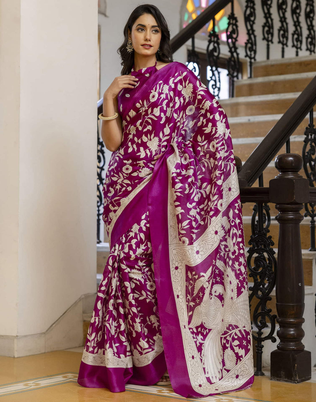 Dark Magenta Cotton Blend Floral printed Saree