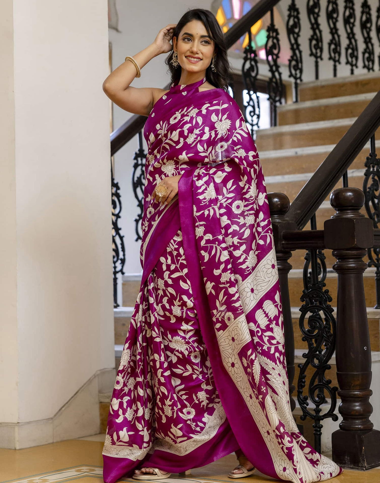 Dark Magenta Cotton Blend Floral printed Saree