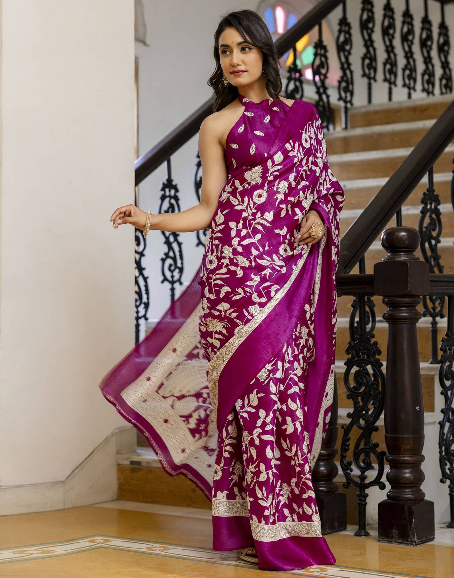 Dark Magenta Cotton Blend Floral printed Saree