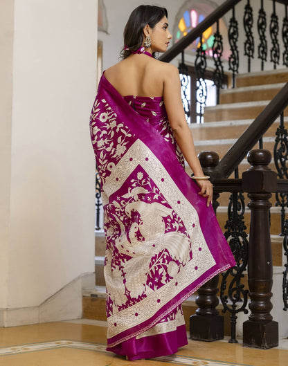 Dark Magenta Cotton Blend Floral printed Saree