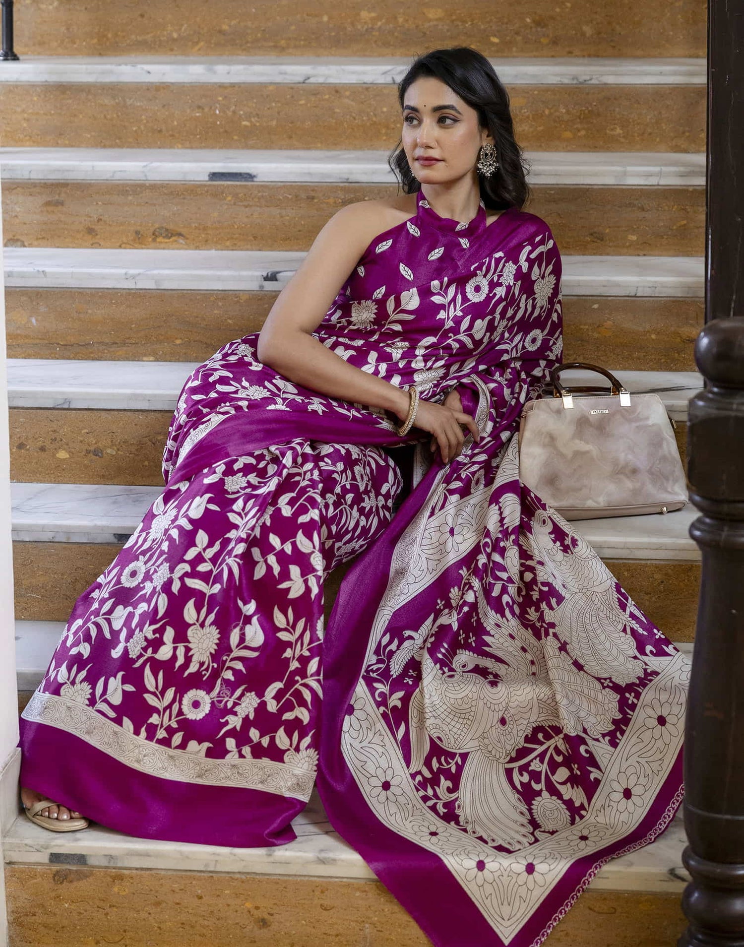 Dark Magenta Cotton Blend Floral printed Saree