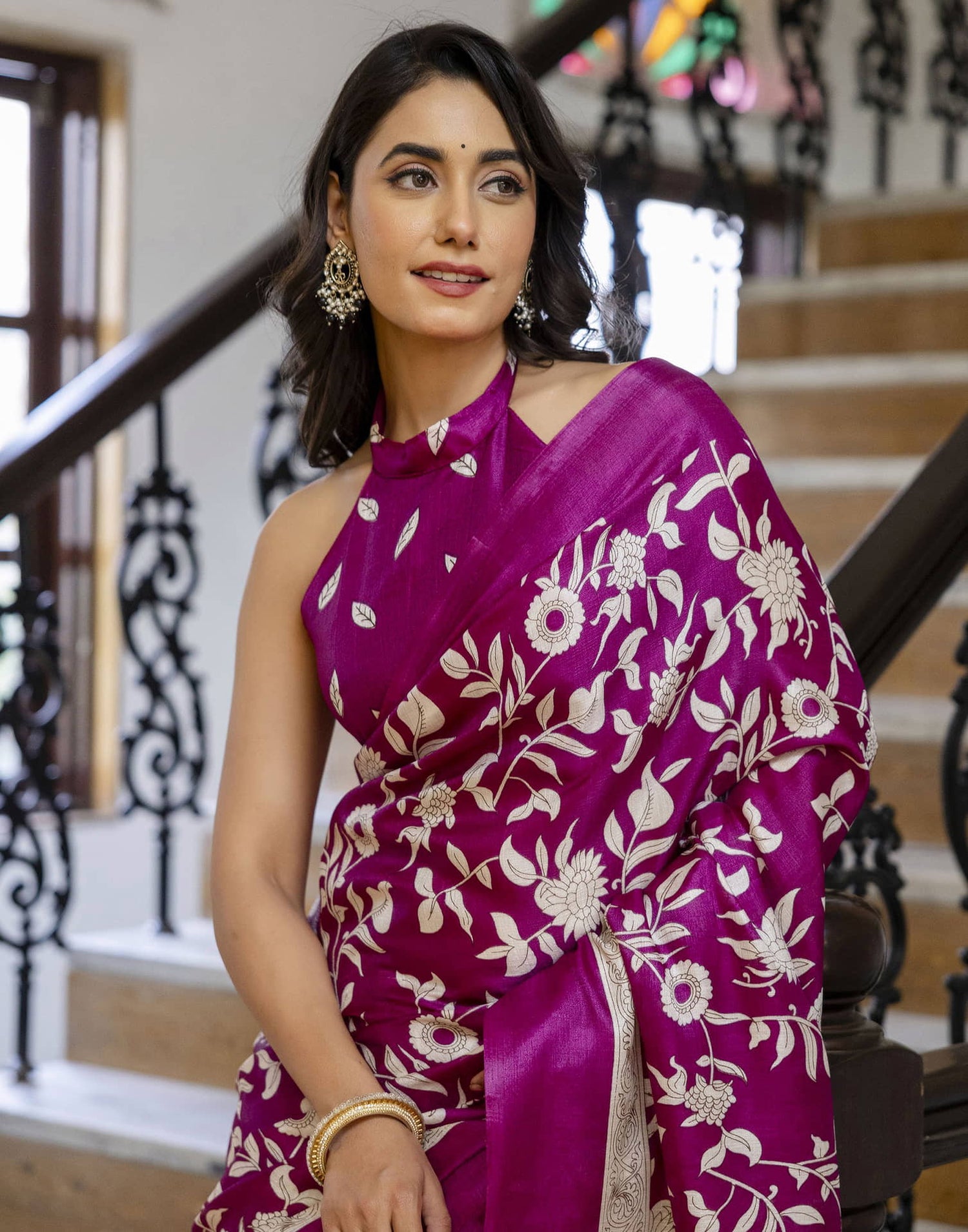 Dark Magenta Cotton Blend Floral printed Saree