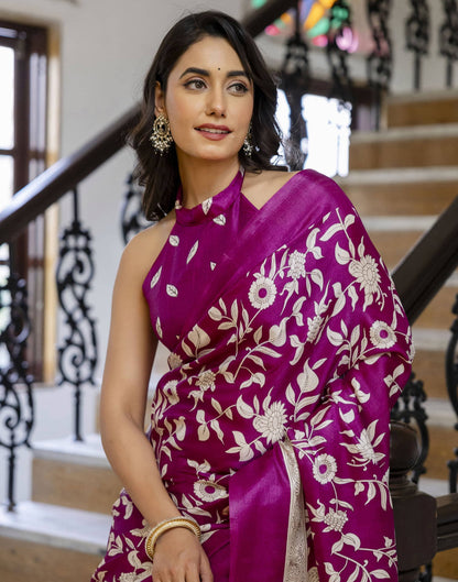 Dark Magenta Cotton Blend Floral printed Saree