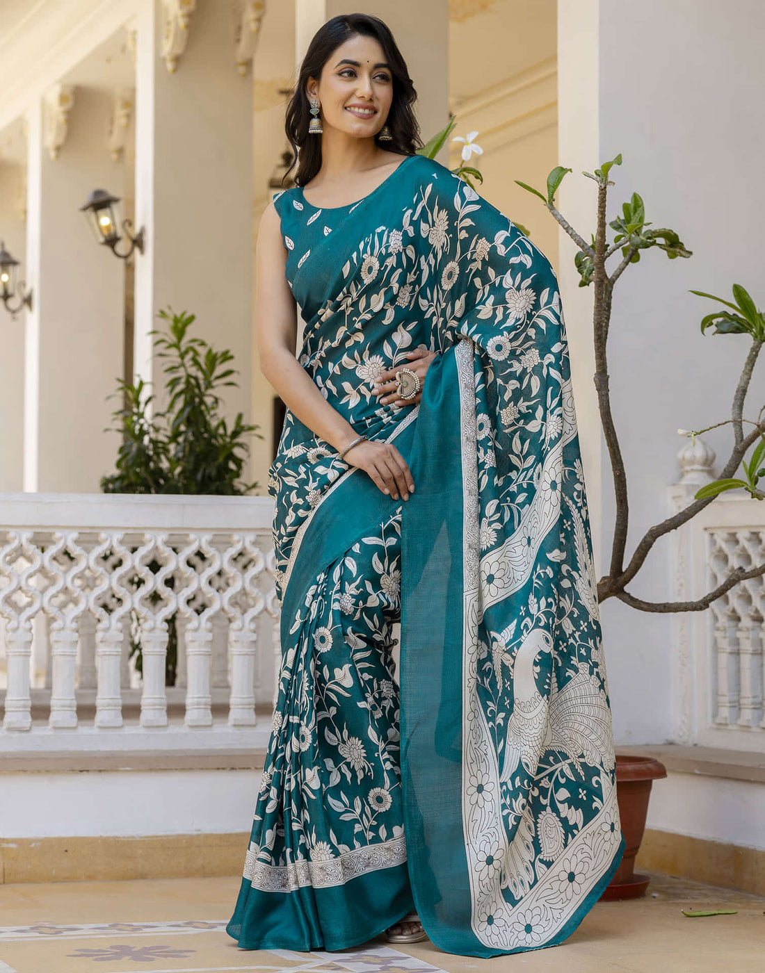 Teal Blue Cotton Blend Floral printed Saree