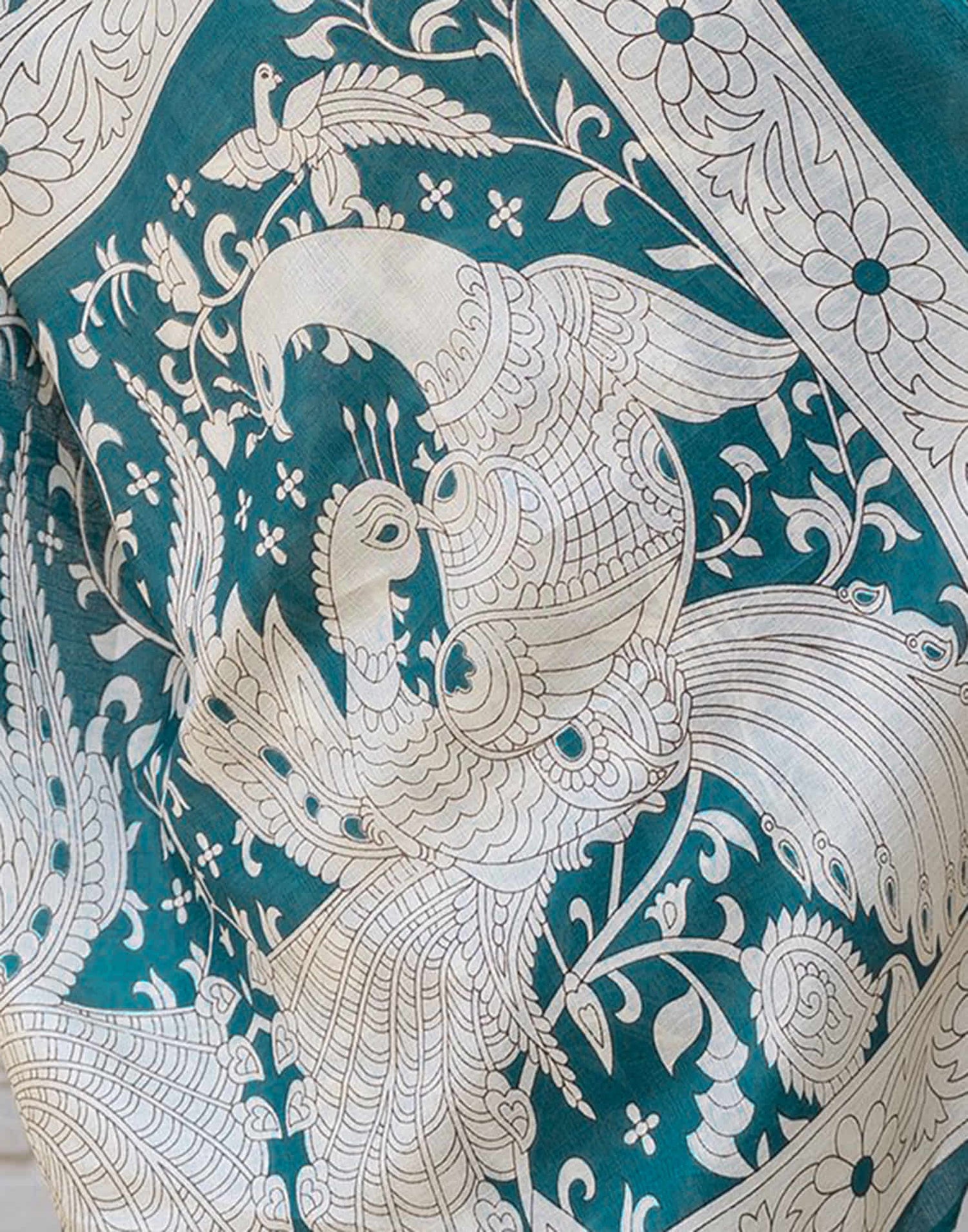 Teal Blue Cotton Blend Floral printed Saree