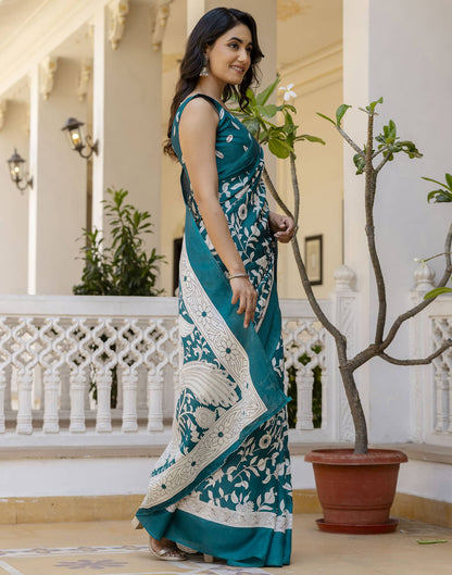 Teal Blue Cotton Blend Floral printed Saree