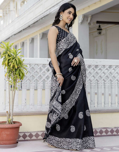 Black Cotton Blend Printed Saree