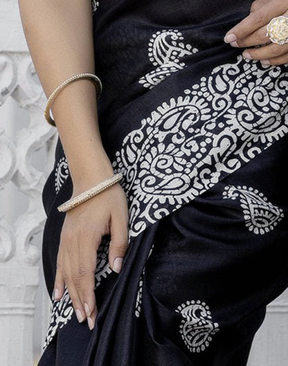 Black Cotton Blend Printed Saree