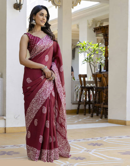 Maroon Cotton Blend Printed Saree