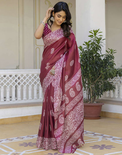 Maroon Cotton Blend Printed Saree