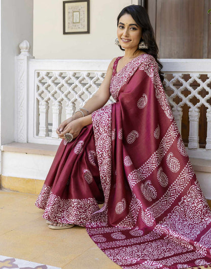 Maroon Cotton Blend Printed Saree