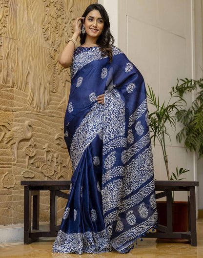 Dark Blue Cotton Blend Printed Saree