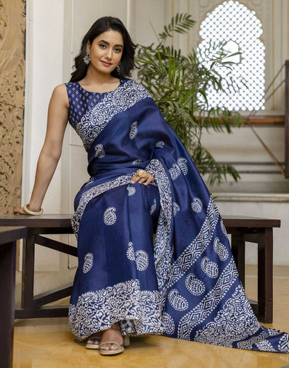 Dark Blue Cotton Blend Printed Saree