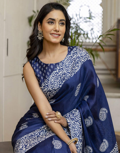 Dark Blue Cotton Blend Printed Saree