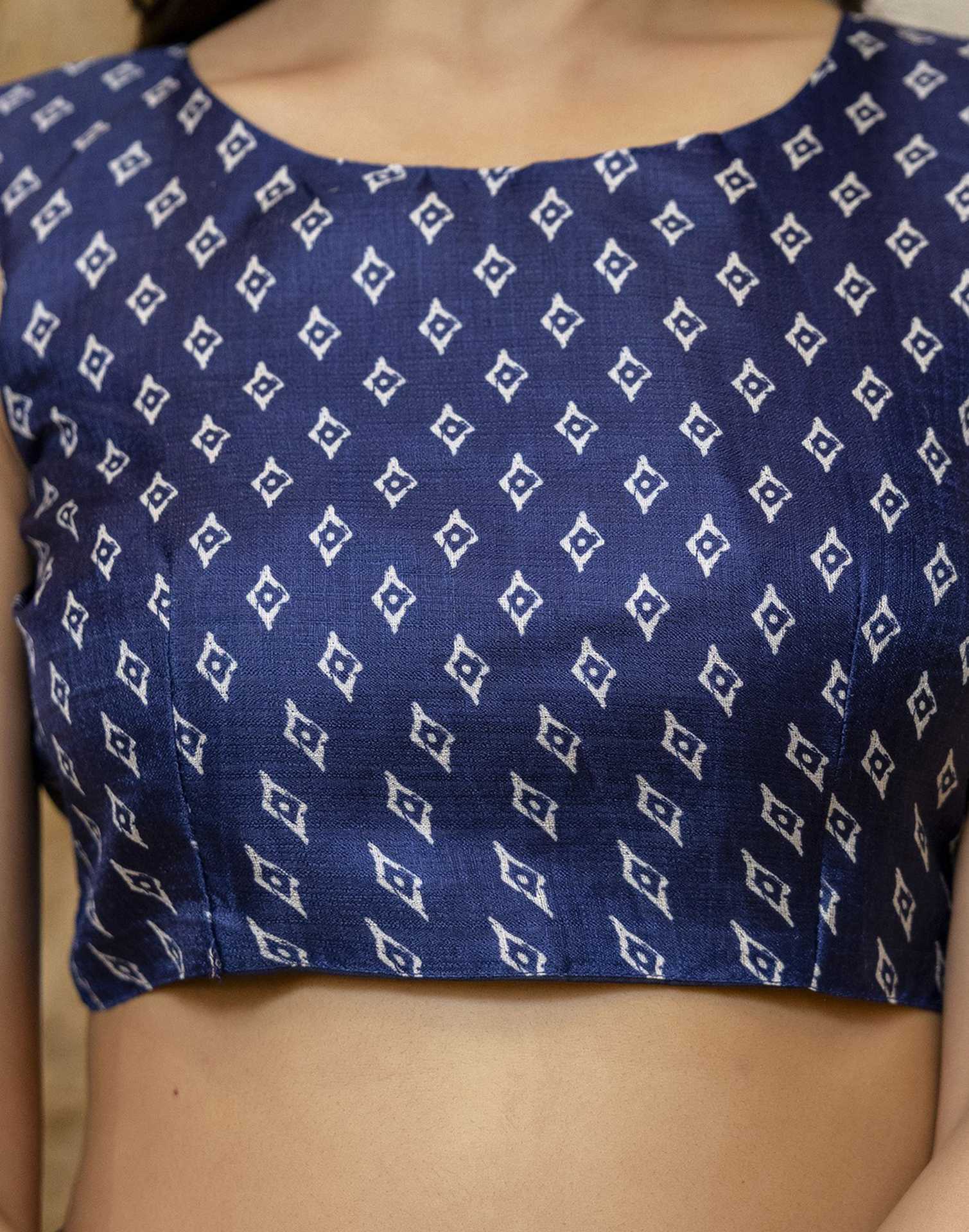 Dark Blue Cotton Blend Printed Saree