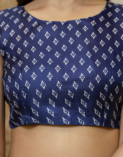 Dark Blue Cotton Blend Printed Saree