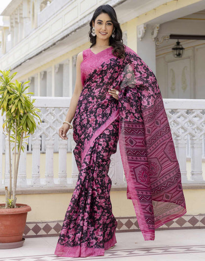 Pink Cotton Blend Floral Printed Saree