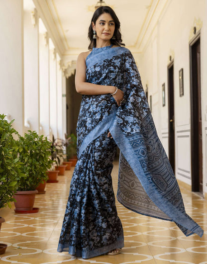 Blue Cotton Blend Floral Printed Saree