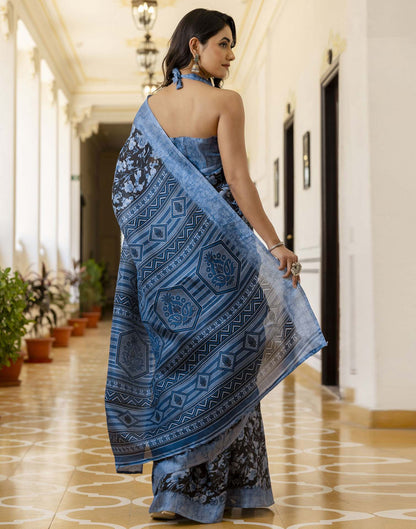 Blue Cotton Blend Floral Printed Saree