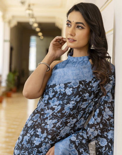 Blue Cotton Blend Floral Printed Saree