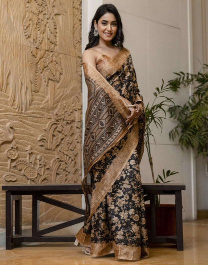 Brown Cotton Blend Floral Printed Saree