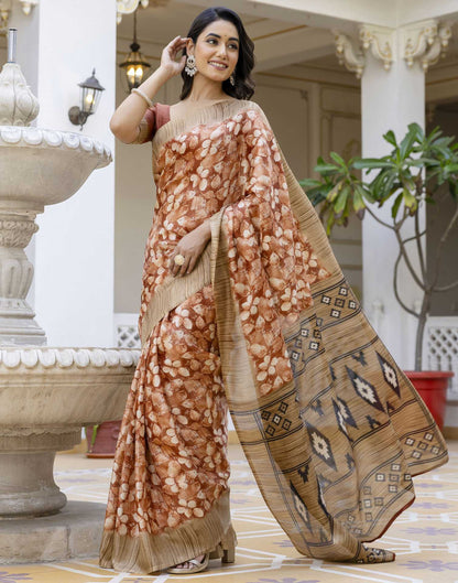Brown Cotton Blend Printed Saree