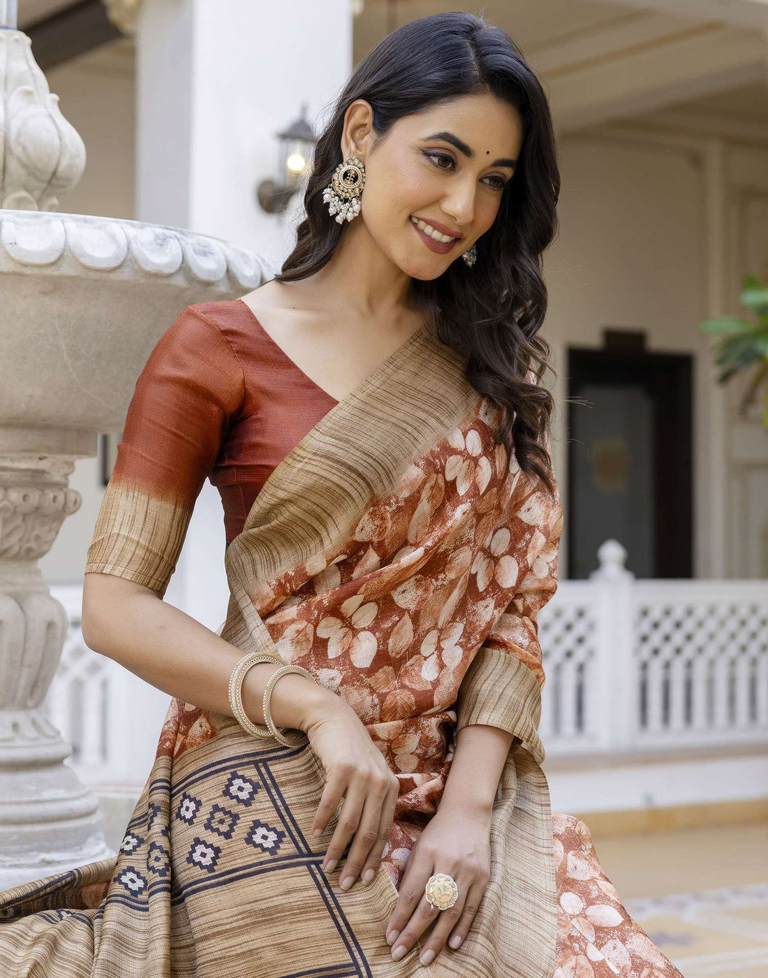 Brown Cotton Blend Printed Saree