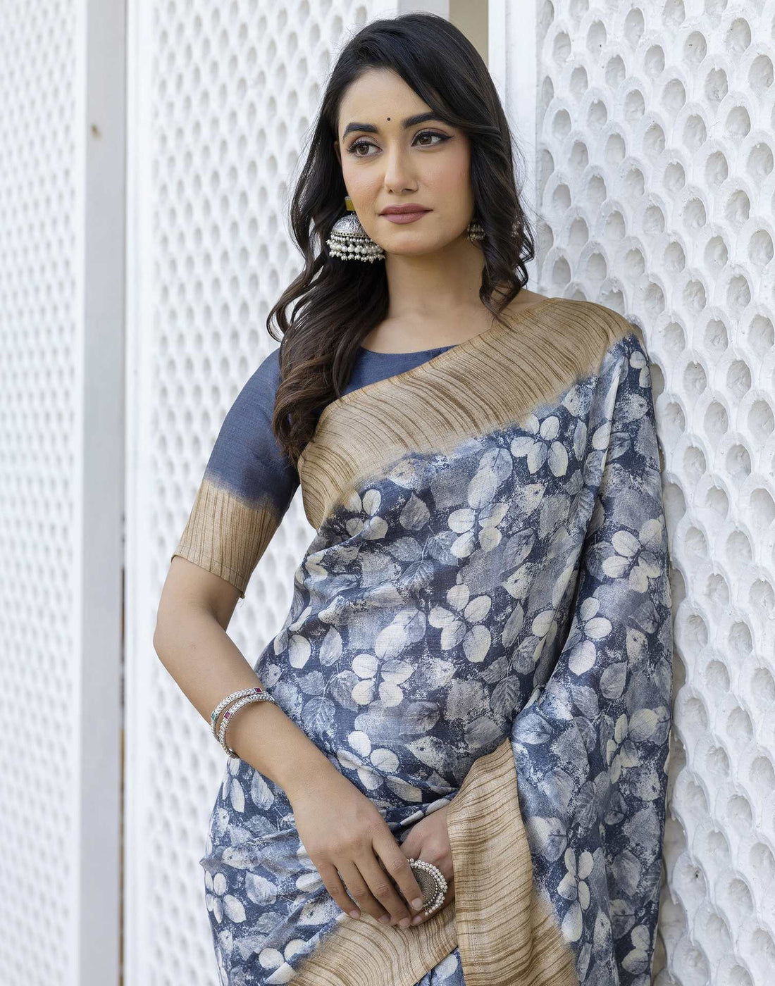 Grey Cotton Blend Printed Saree