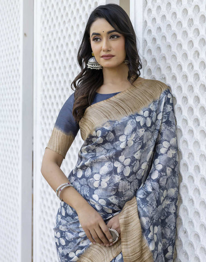 Grey Cotton Blend Printed Saree